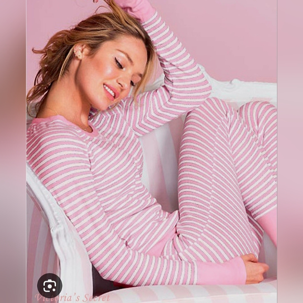 Victoria's Secret Thermal Stretch Cotton Striped Pink/Gray Women's Pajama Set L - Picture 15 of 16